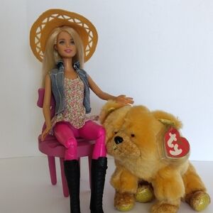 2014 Barbie Horse Riding Doll Includes 2000 TY Baby Plush Dog, & Pink Chair